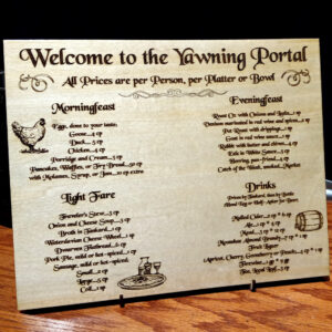 A wooden sign engraved with a fantasy inspired menu and the title "Welcome to the Yawning Portal".