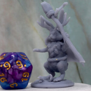 A miniature model of a druid bunny 3D-printed in gray resin, next to a purple 20 sided die.